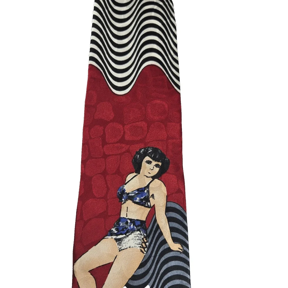 Casa America Mens Silk Tie Pin Up Girl Art Blue Wavy Line Novelty Vintage NWT